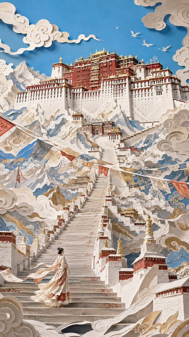9:16竖版，现代东方女性梦境立体剪纸艺术，modern oriental papercut art，layered paper cut illustration，dimensional paper 