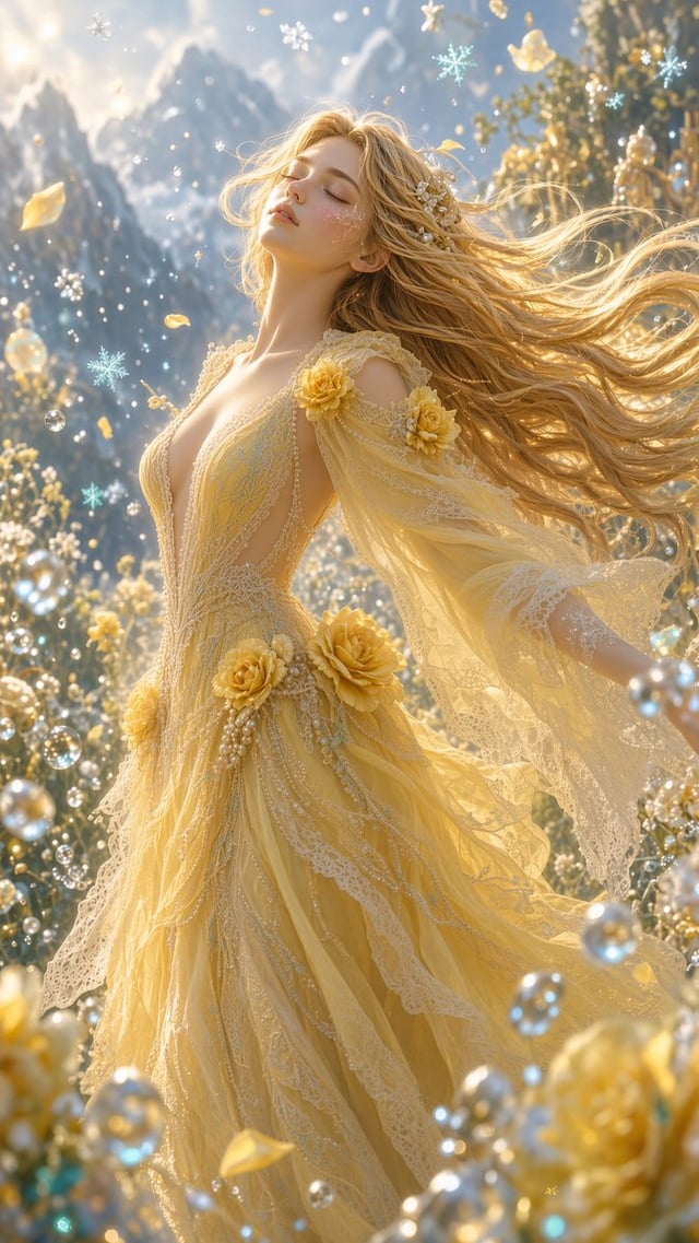 A stunning young goddess-like woman with long golden blonde hair, luminous skin, and a serene, statu