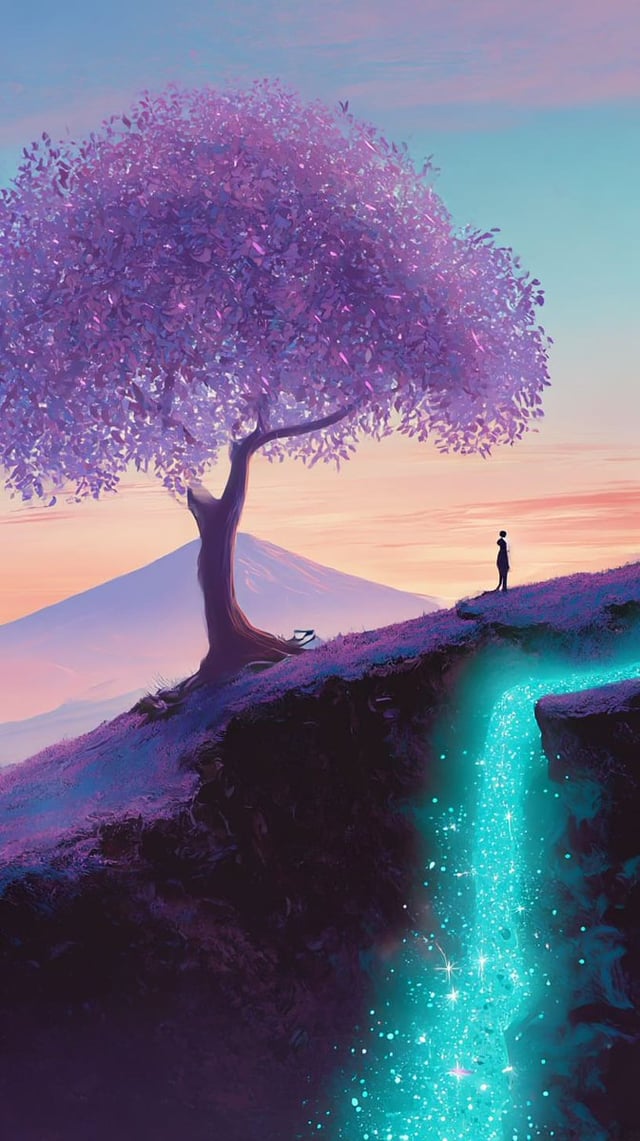 A tranquil digital landscape featuring a vibrant, glowing sunset over distant mountains, with the su