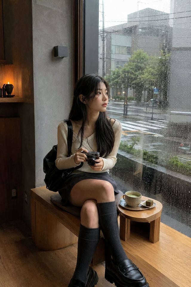 Young woman matching the uploaded reference exactly, sitting casually by a rain-covered café window,