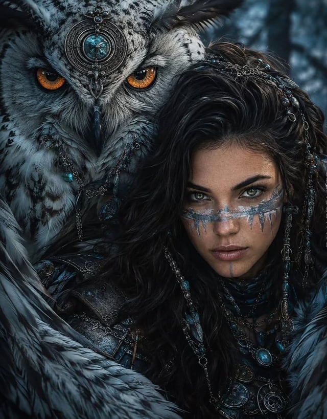 A detailed portrait of a fierce tribal fantasy warrior woman leaning close to a massive, majestic gr