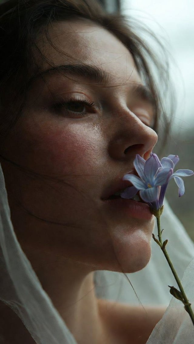 Soft close-up of a woman with eyes half-closed, a single pale lilac flower resting against her lower