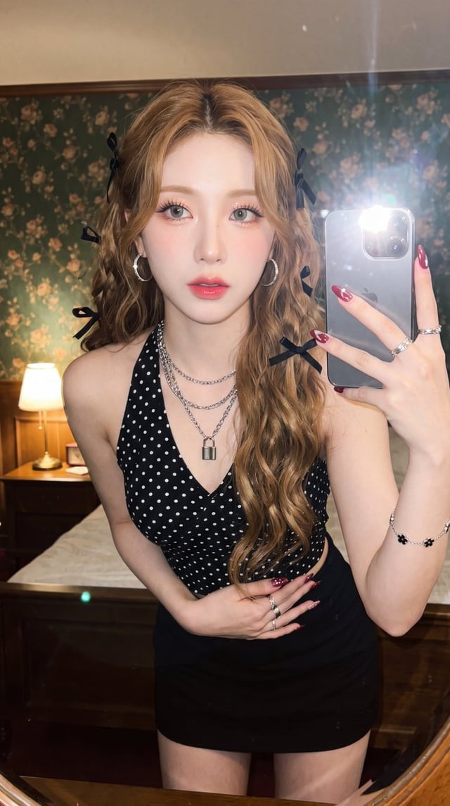 Edit this photo without changing the face into an ultra-realistic mirror selfie photo, a beautiful y