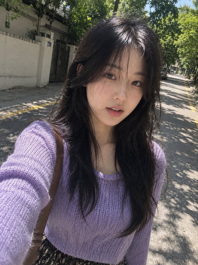 A completely natural, photorealistic smartphone selfie of a young East Asian woman casually walking 