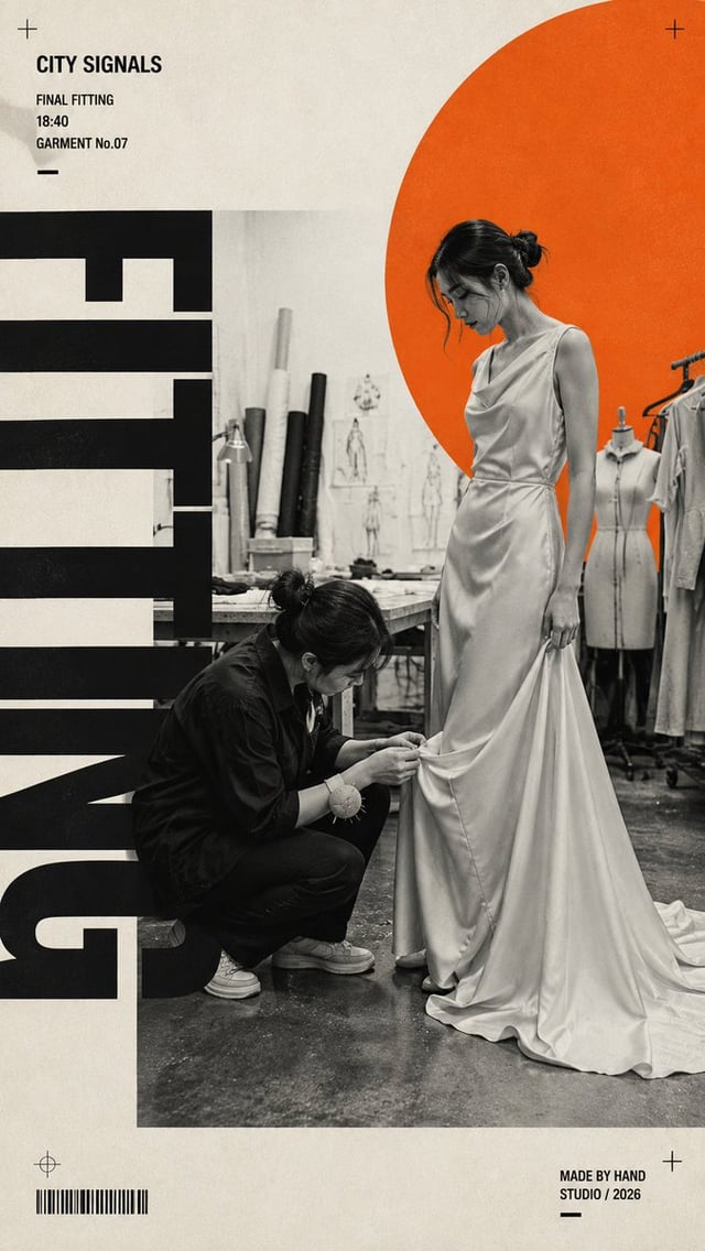 Create a 9:16 fashion editorial poster built around a real dressing-room moment.