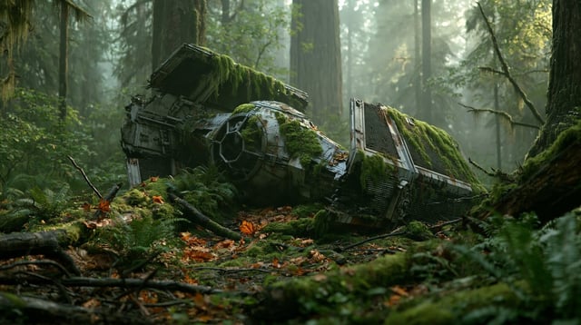 A photorealistic shot of an abandoned, heavily rusted Star Wars TIE fighter crashed in a dense, mist