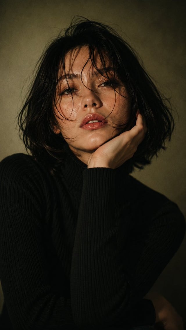 Ultra-realistic cinematic portrait of a beautiful young woman with short messy dark bob hair, loose 
