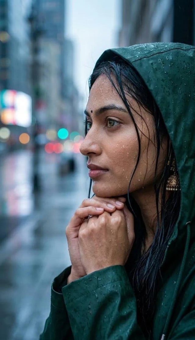A close-up profile portrait of a young South Asian woman standing in the rain on a busy city street,