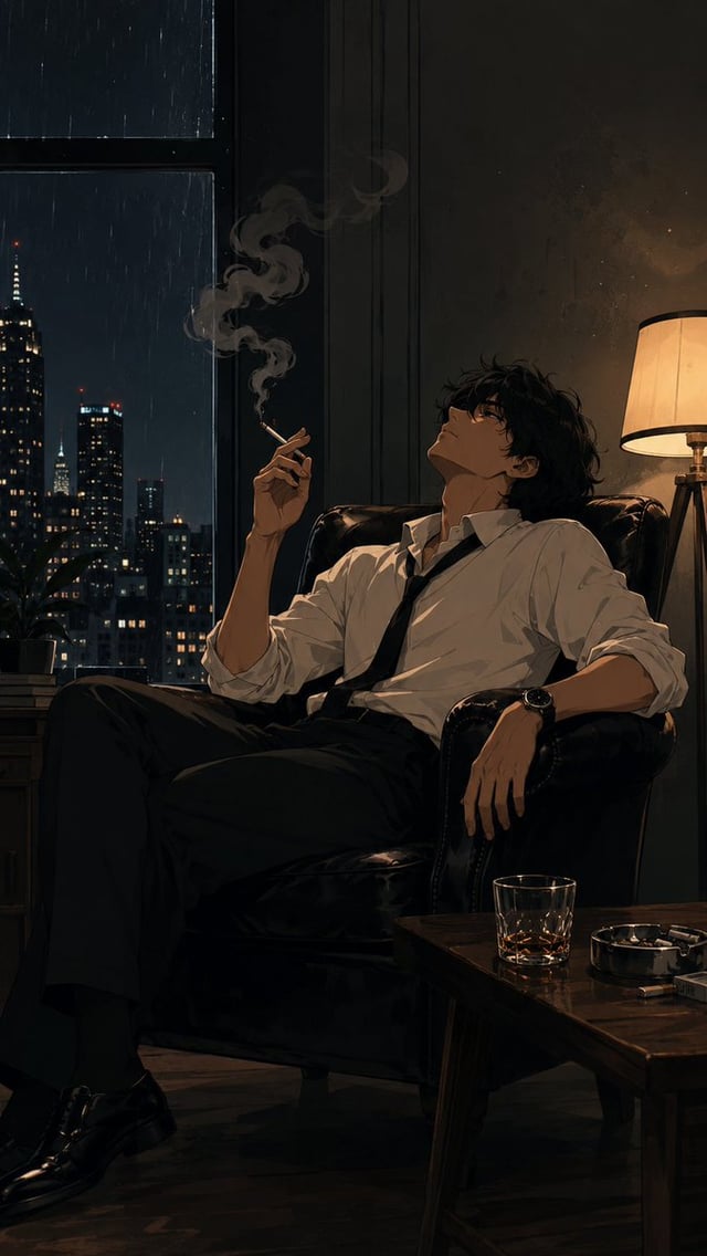 A cinematic, moody film-noir scene of a stylish young man sitting alone in a vintage dark leather ar