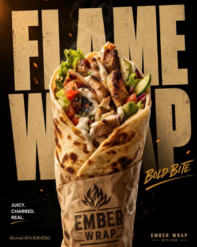 Create a premium street-food advertising poster for a fictional gourmet shawarma brand called "EMBER