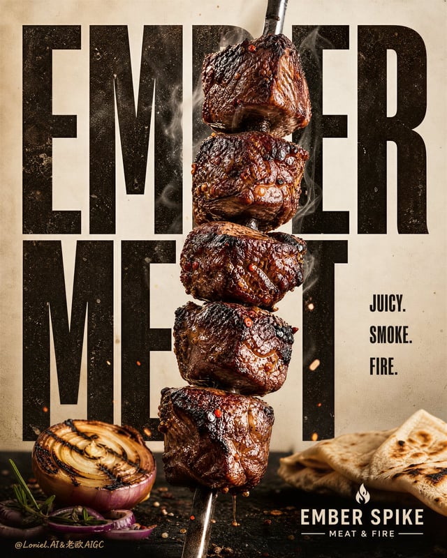 Create a premium street-grill advertising poster for a fictional gourmet barbecue brand called "EMBE