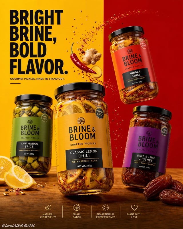Create a flagship commercial advertising poster for a gourmet pickle brand named "BRINE & BLOOM", co