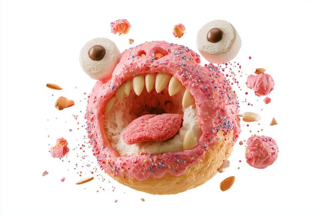 Ultra-realistic exploded view of a monster-shaped [Food], individual ingredients floating separately