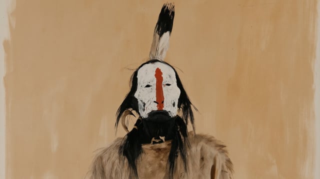 Elderly Arikara chief with white tribal face paint, buffalo and deerskin garments, feathers and jewe