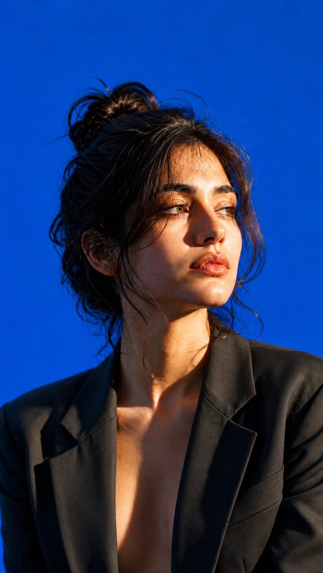 A cinematic editorial portrait of a beautiful young woman with natural South Asian features, warm fa