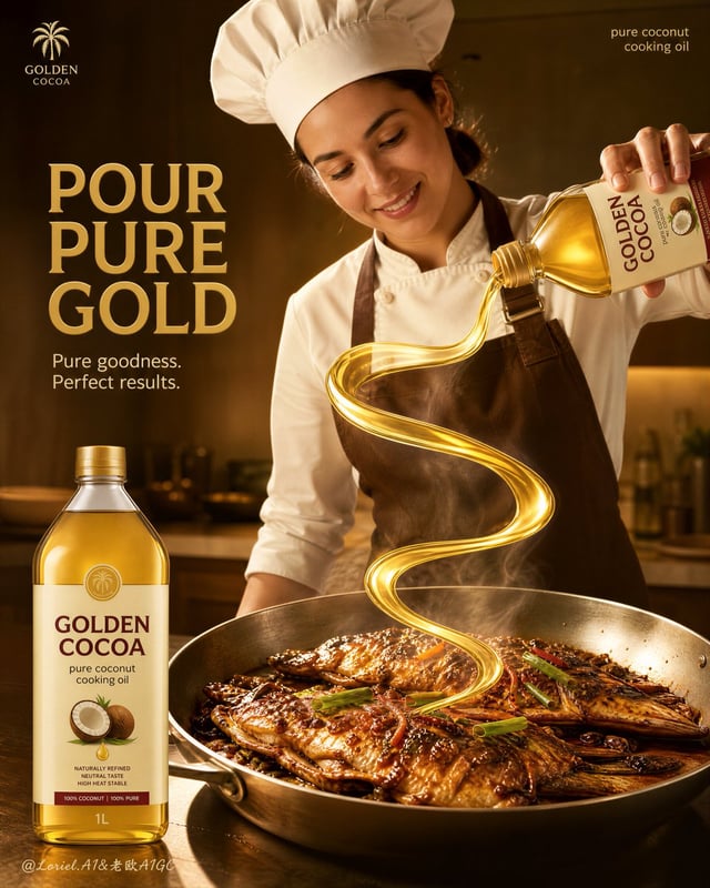Create a flagship commercial advertising poster for an original coconut cooking oil brand named "GOL