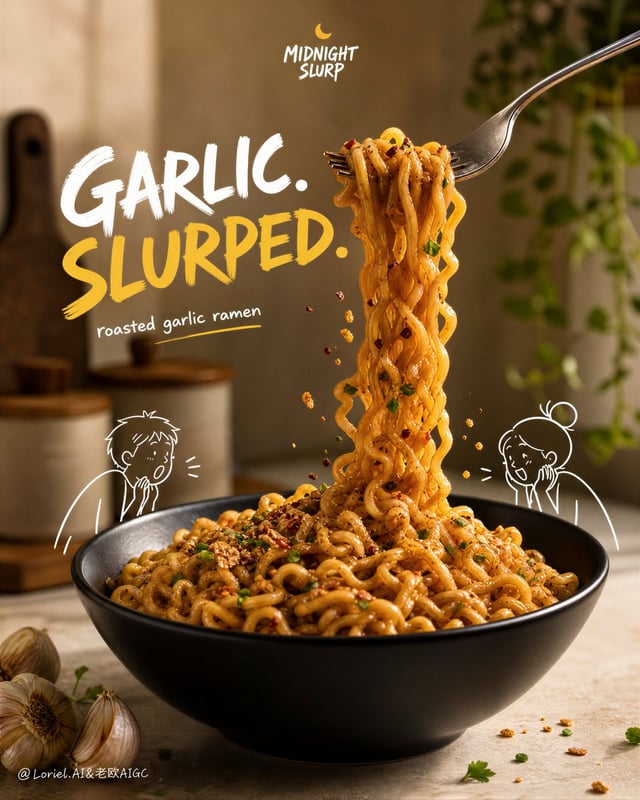 Create a flagship commercial advertising poster for an original instant garlic noodle brand named "M