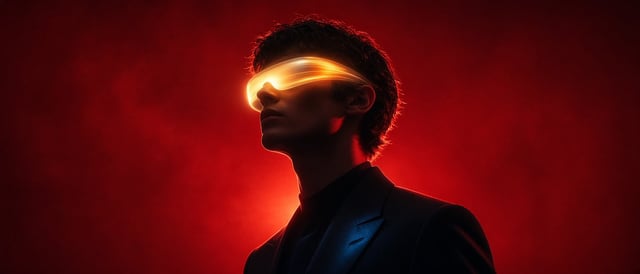 Create a futuristic cinematic fashion portrait in a vertical 21:9 composition. A stylish young man i