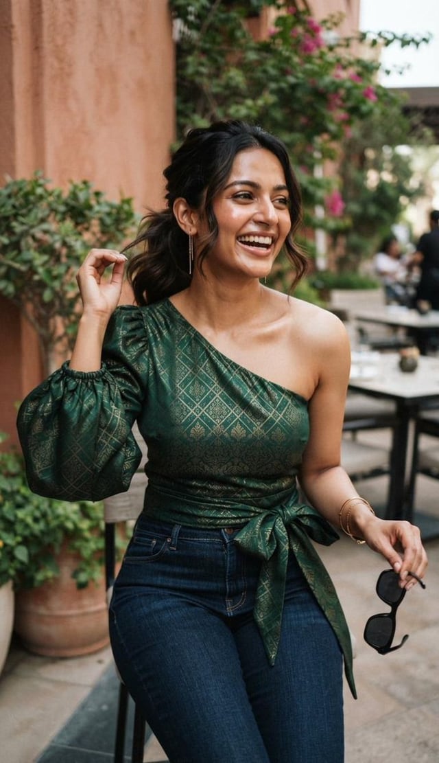 A medium shot of a cheerful young South Asian woman sitting outdoors on a patio, laughing candidly w