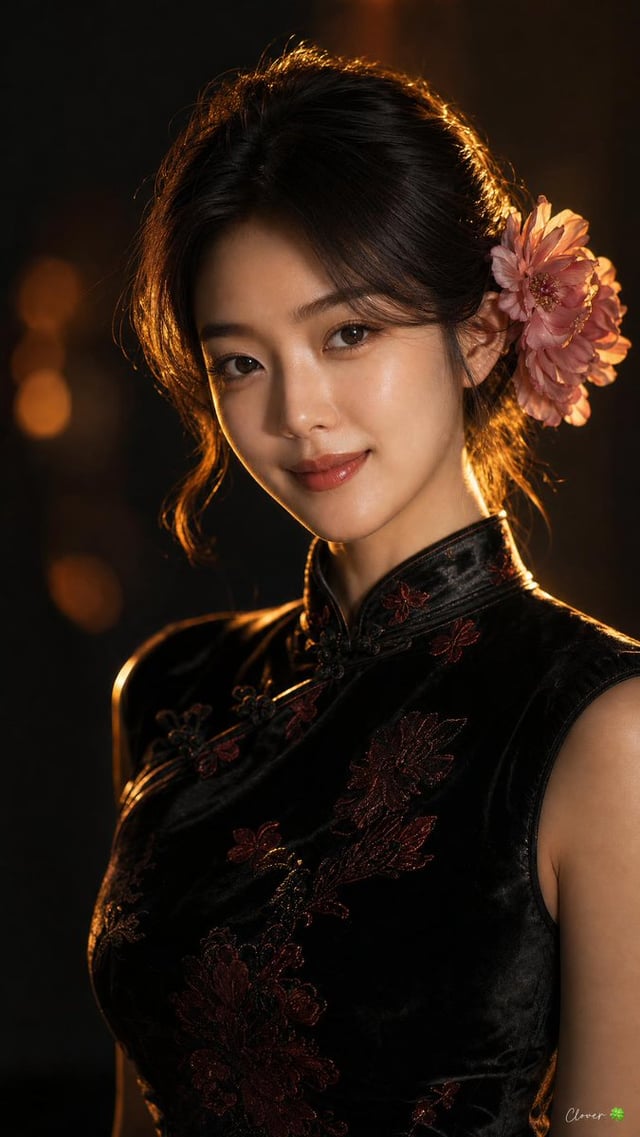 A cinematic close-up portrait of a gorgeous young East Asian woman with a gentle warm smile, wearing