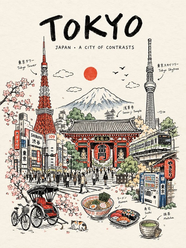 Create a premium vertical 4:5 travel poster for [Country], illustrated as one elegant continuous han