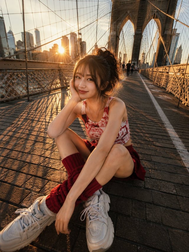 A vibrant candid street-style photograph of a young woman sitting playfully on the Brooklyn Bridge p