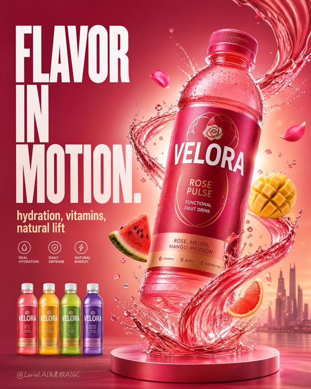 Create a flagship advertising poster for an original functional fruit drink brand named "VELORA", me