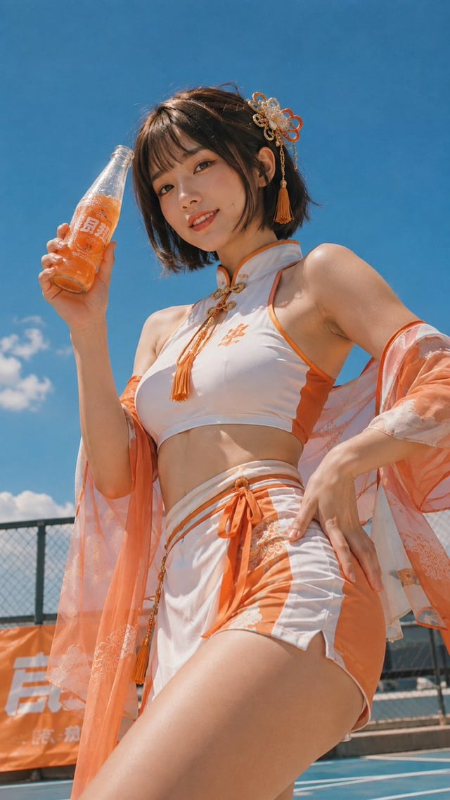 Japanese retro high school photography, vintage Kodachrome film look. A young energetic girl with sh