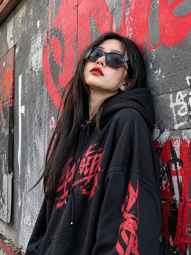 A cinematic dark street-fashion portrait of a young woman leaning against a gritty urban wall, weari