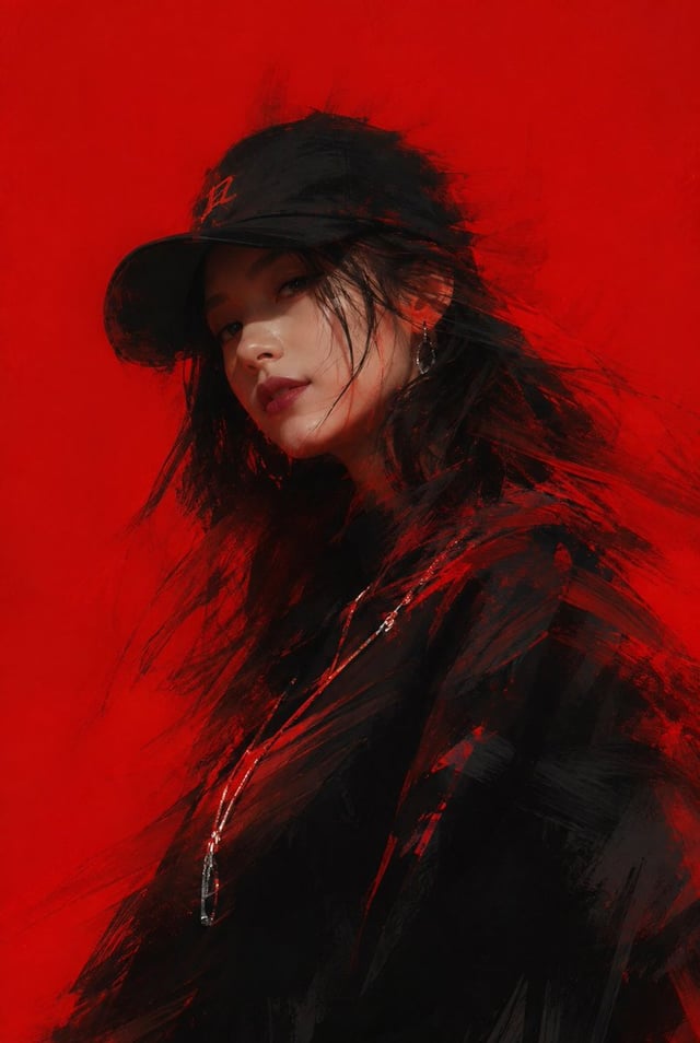 Beautiful hip-hop woman wearing a baseball cap, blurred effect, painterly brush strokes, minimalist 