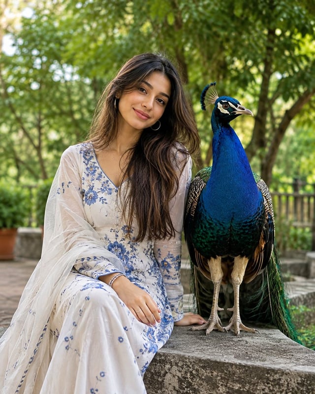 A realistic, high-detail medium shot of a young South Asian woman sitting next to a majestic blue In