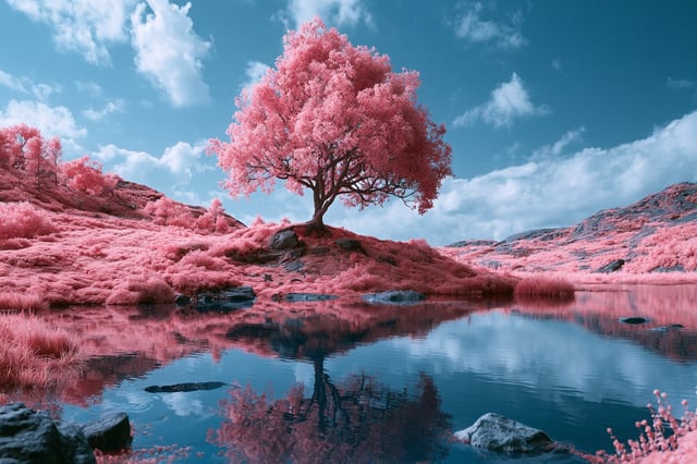 An otherworldly landscape featuring [Subject] in a Solarized Infrared Dreamscape. Use a palette of [