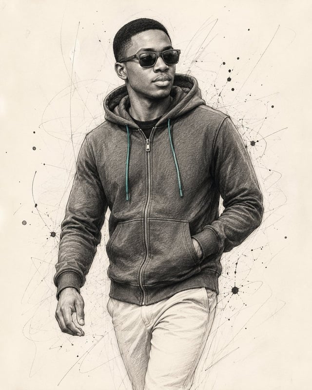 Create a highly detailed hand-drawn fashion illustration of a stylish young adult man walking confid