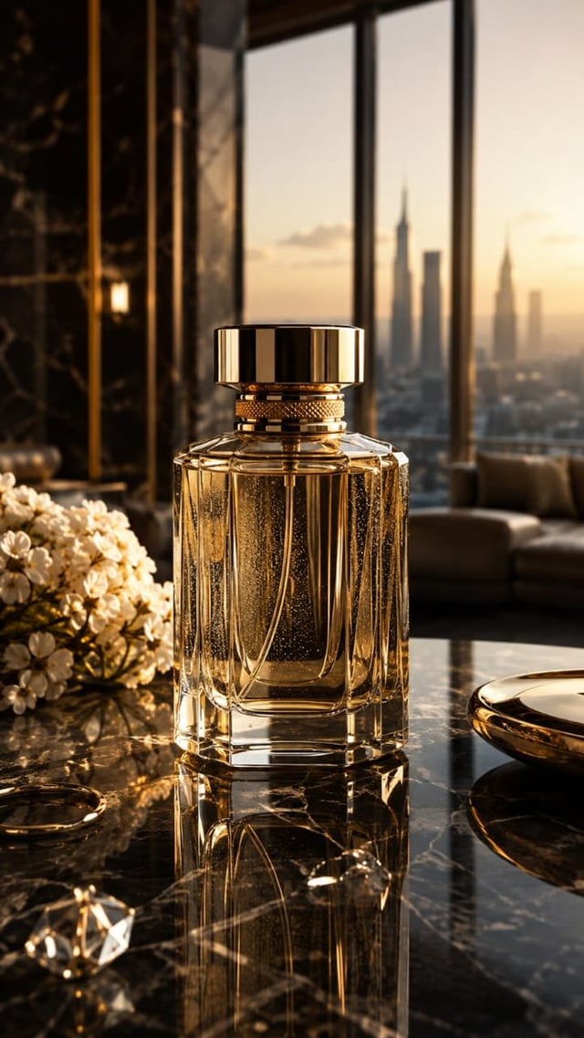 Ultra-realistic professional commercial product photography of a premium glass perfume bottle placed
