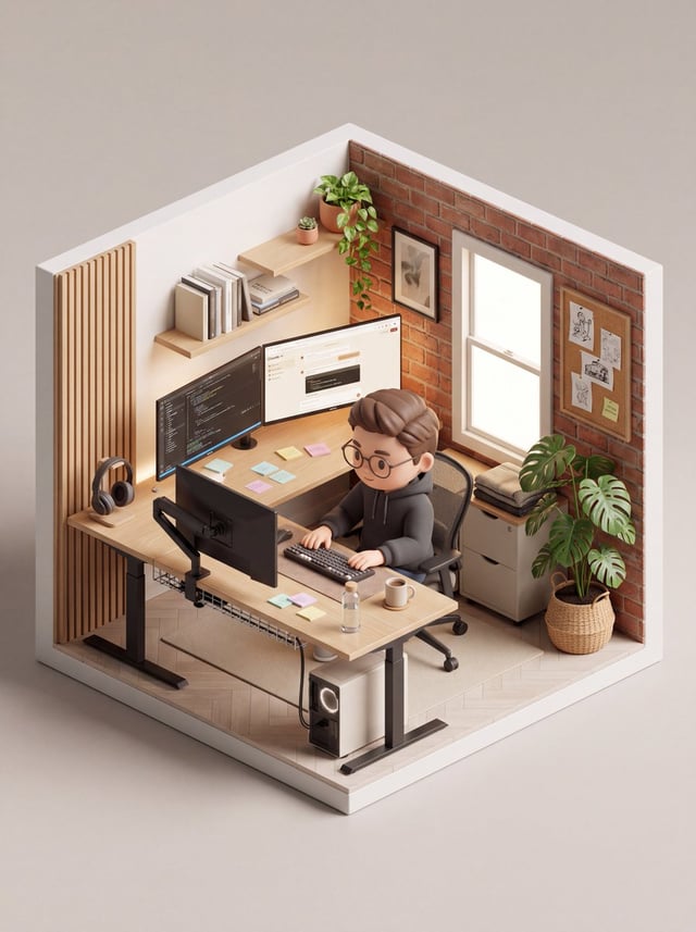 An isometric 3D cube-shaped miniature room (shallow cutaway true cube; everything strictly contained