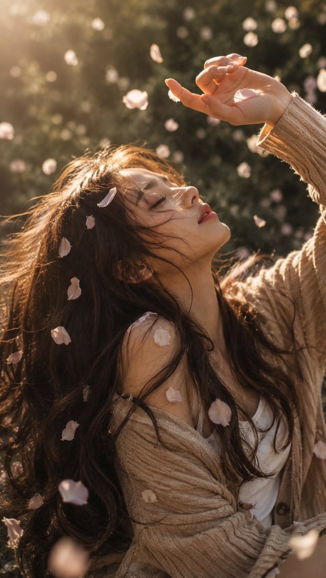A dreamy cinematic portrait of a young woman lying peacefully outdoors with her head tilted back, ca