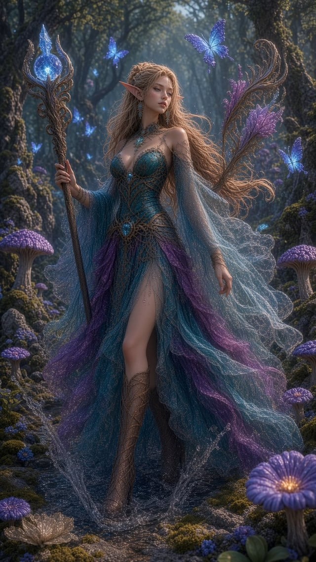 A stunning beautiful elven woman with pointed ears, long wavy blonde hair in a half-updo, teal strap
