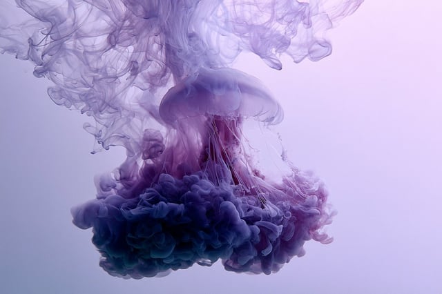 Artistic underwater portrait of a [Character] suspended within flowing [Color1] ink plumes, clothing