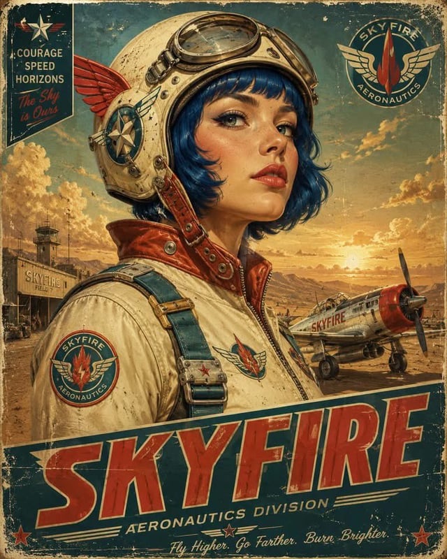 Vintage retro-futurist aviation poster portrait of [Human], shown from the chest up in a heroic thre