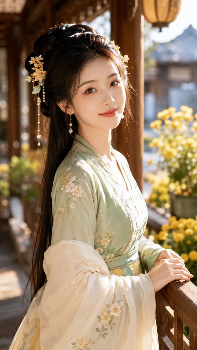 9:16 竖版，古风贵女明亮美妆写真，东方古典女性半身近景，晨光庭院回廊场景，人物站在木色回廊边，身体自然微侧，头部轻轻偏向镜头，眼神温柔明亮地看向镜头，嘴角带浅浅笑意，整体气质温暖、明丽、柔和、可亲