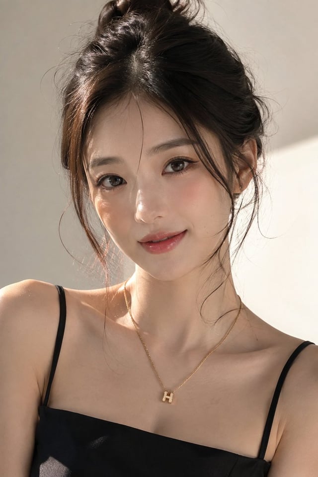 Ultra-realistic portrait of a cute young East Asian woman, naturally glowing dewy skin, soft delicat