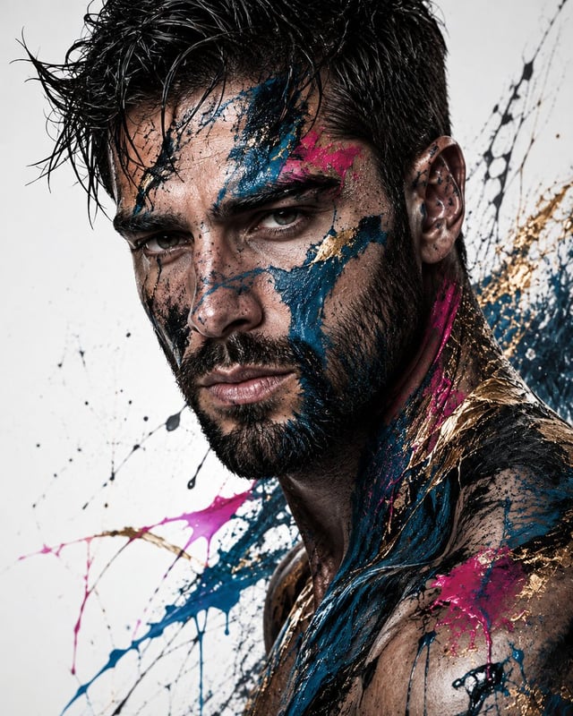Create a high-end fine-art editorial portrait of a striking young man  use image for face reference 
