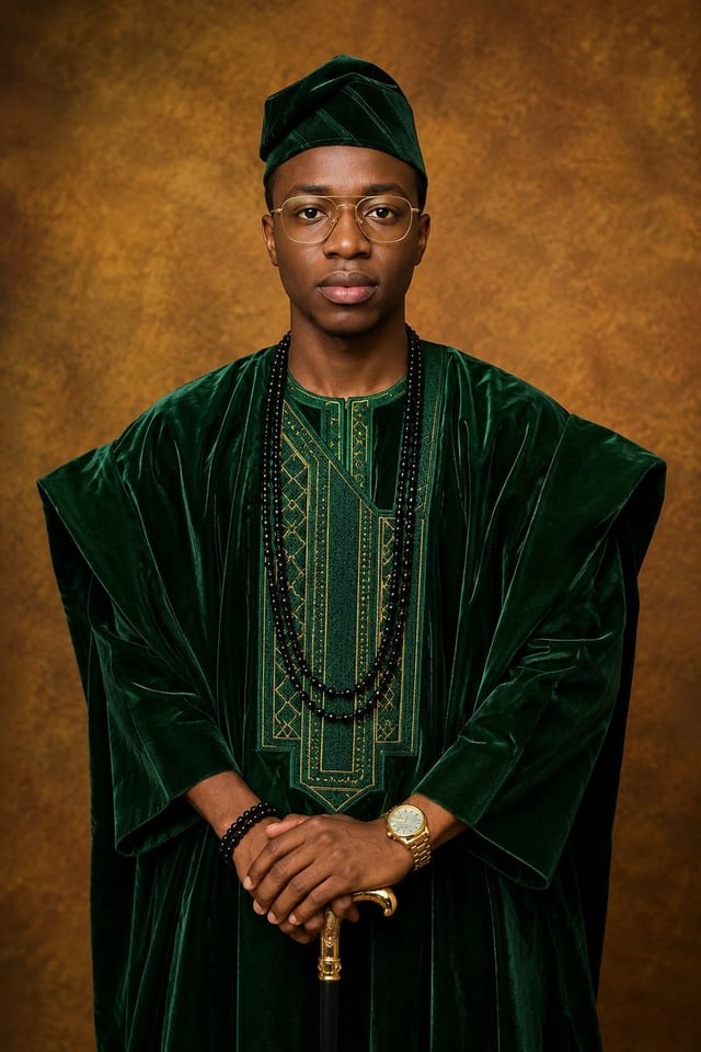 Create an ultra-realistic studio portrait of an adult man wearing an elegant traditional Yoruba outf