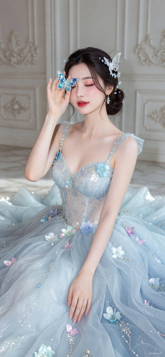 Create an ultra-realistic, high-fashion editorial portrait of an elegant adult woman in a dreamy icy