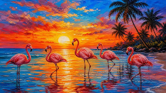 A vibrant painting of five pink flamingos wading in shallow water along a tropical beach at sunset, 