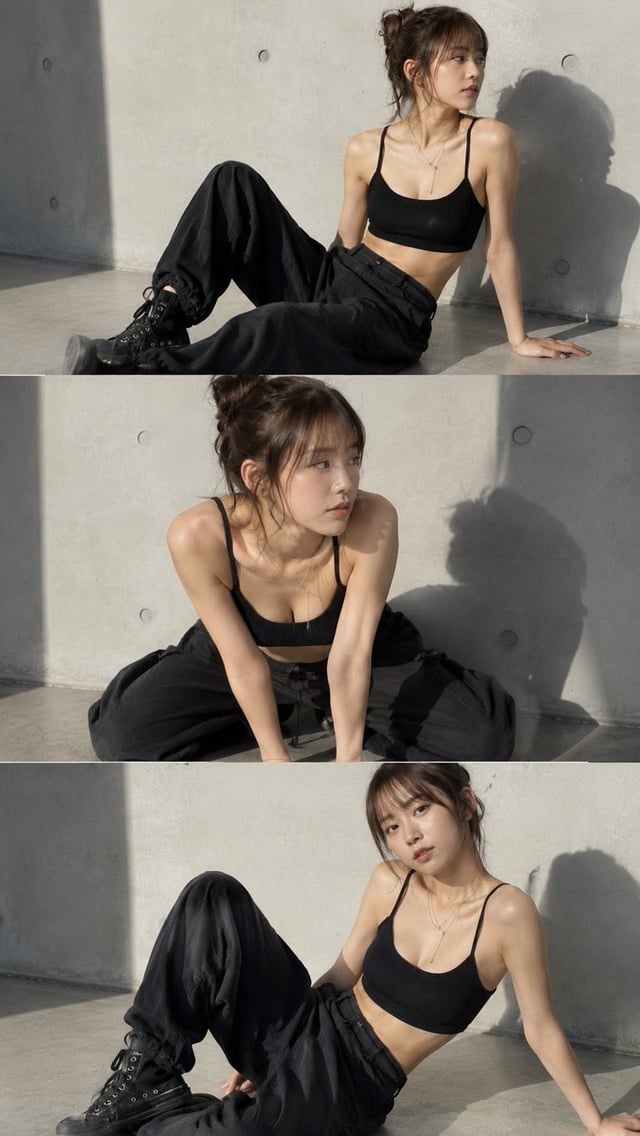 A photorealistic natural fashion studio image of a fictional 20-year-old adult Japanese woman, clear