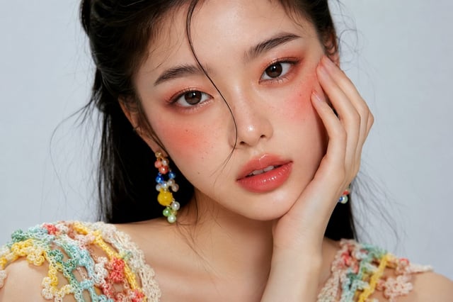High-end photorealistic 3:2 editorial close-up of a clearly adult Asian woman, fair luminous natural