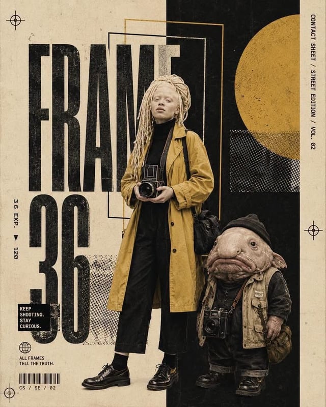 Vertical editorial collage poster featuring [CHARACTER] in [CLOTHING], full-body cutout positioned a