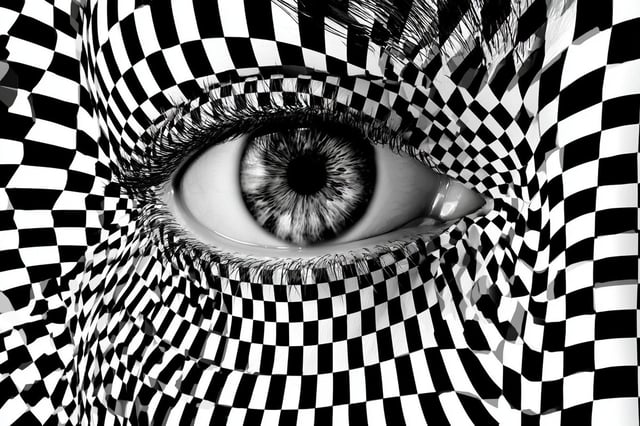 An Optical Illusion Geometry representation of [Subject], using black and white patterns to create v