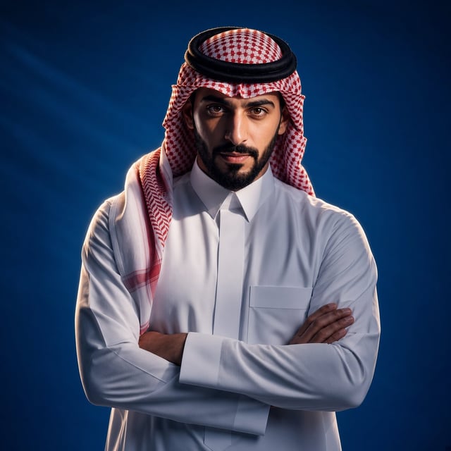 A powerful cinematic portrait of a confident young Saudi man with short black beard and mustache, we
